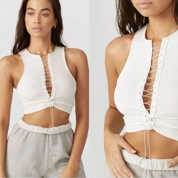 Joah Brown Tops - NWT Joah Brown Lace Up Crop Tank in white